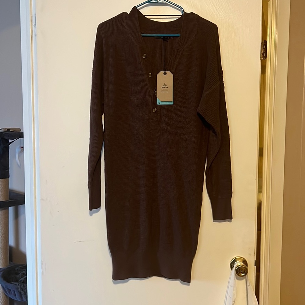 NWT prAna Milano Henley Button sweater dress in Clove / Brown $109 XS